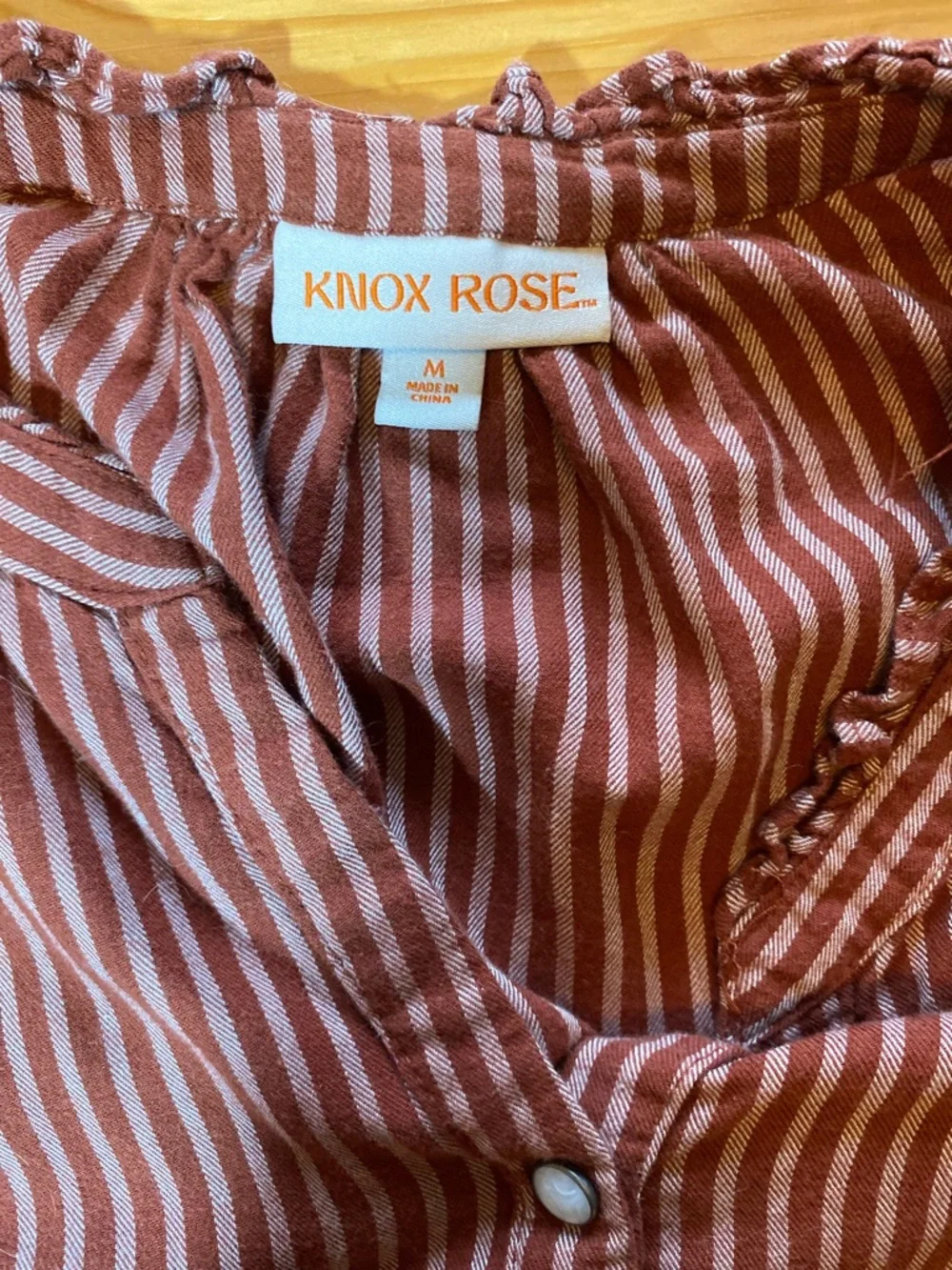 Knox Rose Striped Ruffle Neck Pearl Snap Button Blouse Size Medium